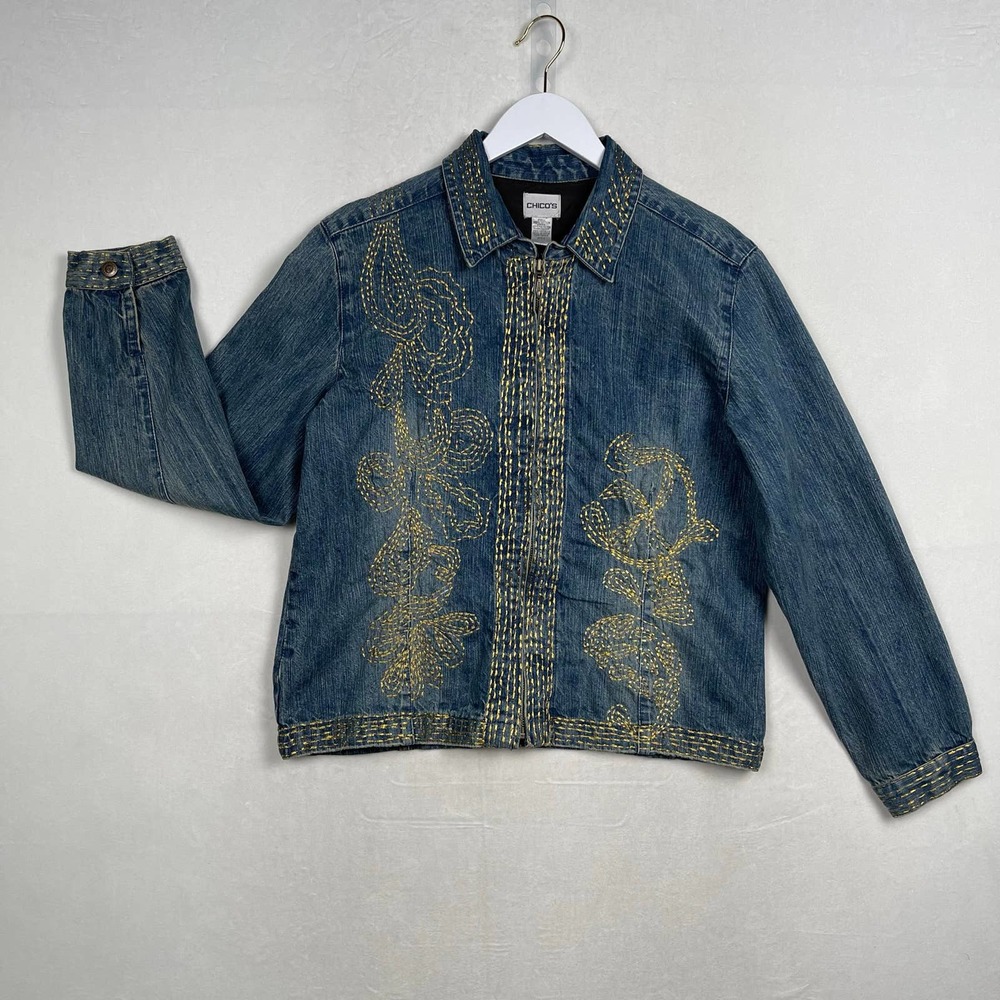 Chico’s 2 Blue Jean Denim Jacket‎ with Gold Metallic Embroidery, Women’s Large